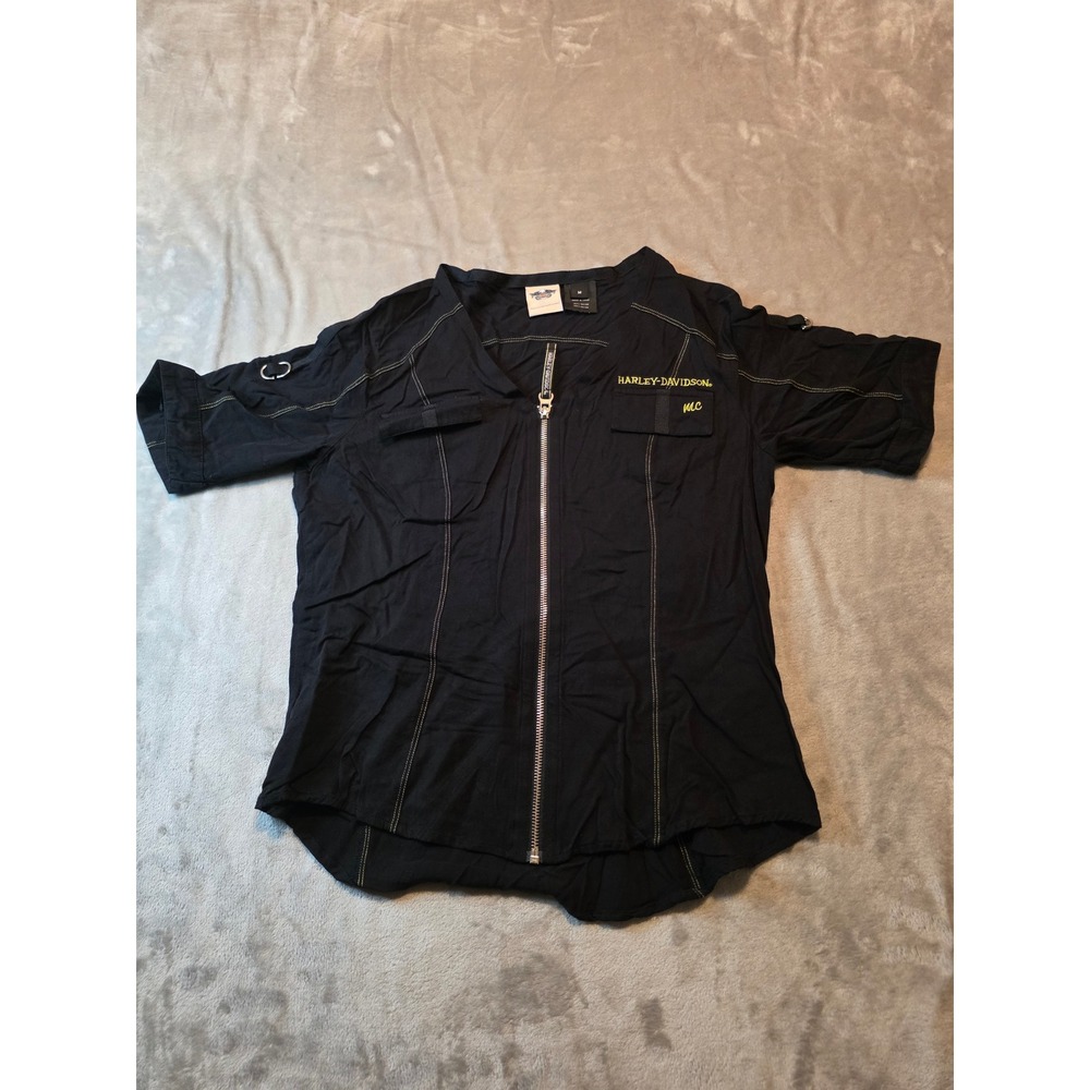 Harley-Davidson Zip Front Shirt Womens Medium Black Moto Rayon Short Sleeve